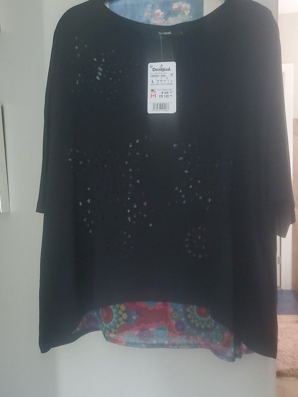 Desigual Black Layered Laser-Cut Women's Tunic Multicolor Printed Underlayer NWT